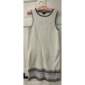Tommy Hilfiger Womens Sleeveless Striped Hem Dress White/Navy Cotton Blend L/G
